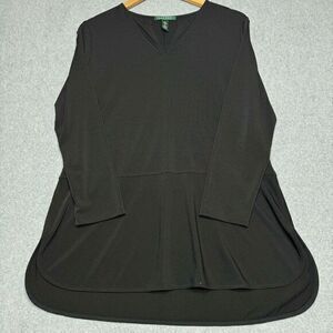 Lauren Ralph Lauren Top Womens L Black Knit Pullover V Neck Stretch‎ Tunic Shirt